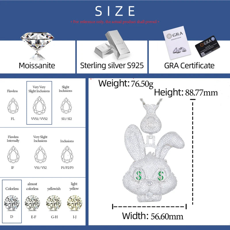 Fast Money | Iced Blinged Out Money Bag Rabbit 925 Silver Moissanite Hip Hop Pendant