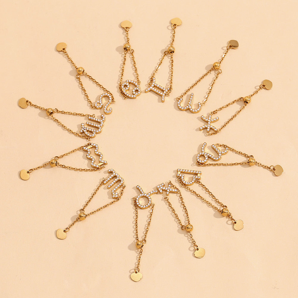 Ladies Waterproof 18k Gold Stainless Steel 12 Constellation Bling Adjustable Zodiac Rings