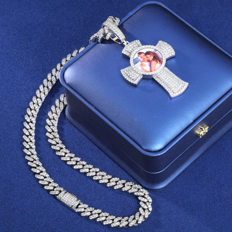 Memory Cross | Moissanite Diamond Solid 925 Silver Custom Photo Cross Iced Pendant