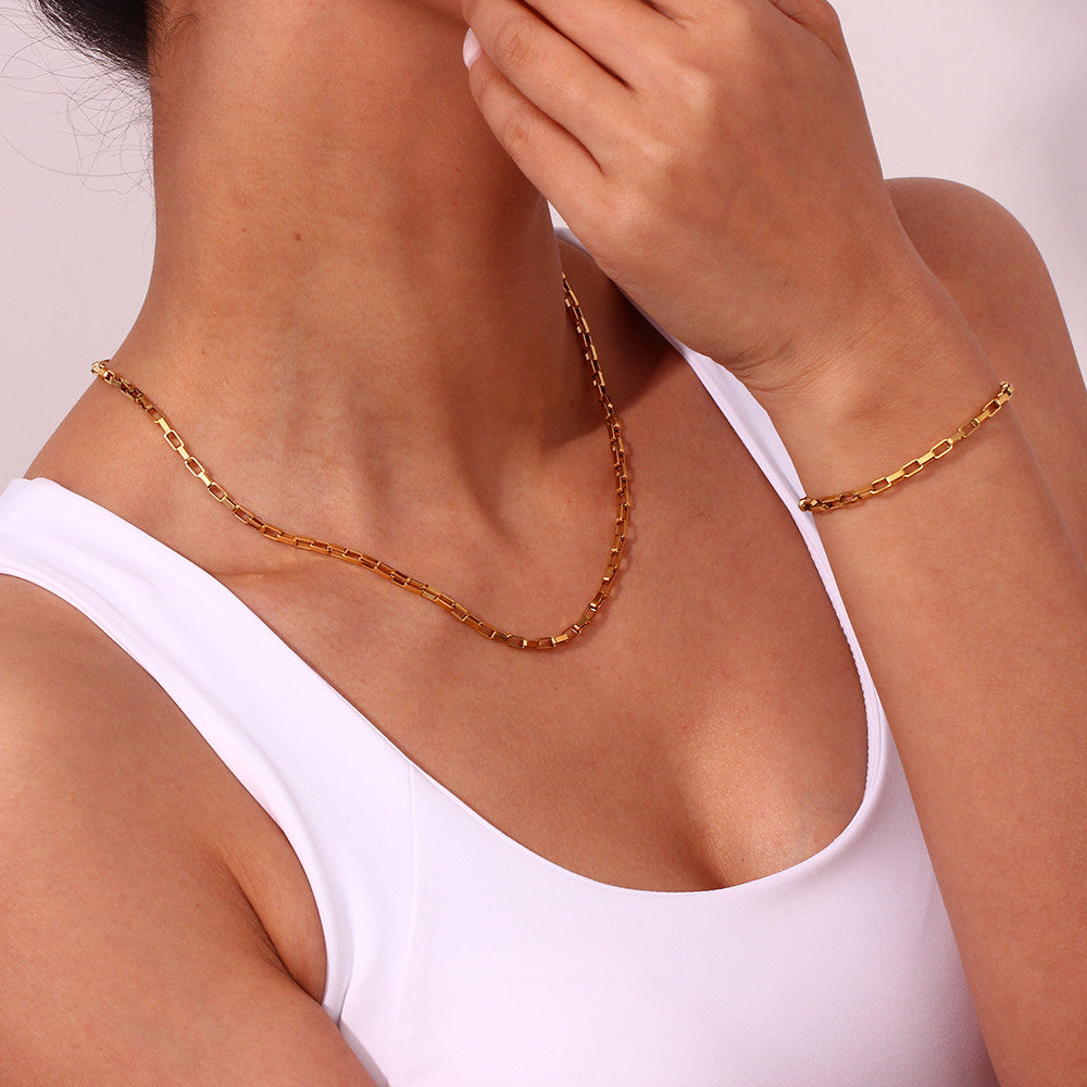 18k Gold Waterproof 3mm Long Box Link Stainless Steel Chain Necklace Bracelet Set