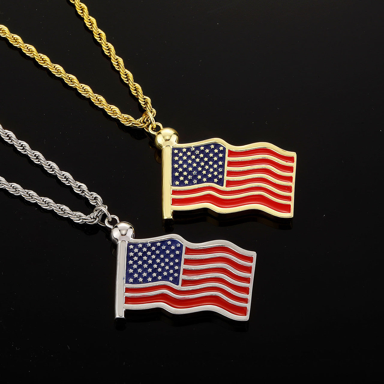 God Bless America | Red Oil American Flag 14k Gold 925 Silver Pendant Chain Necklace