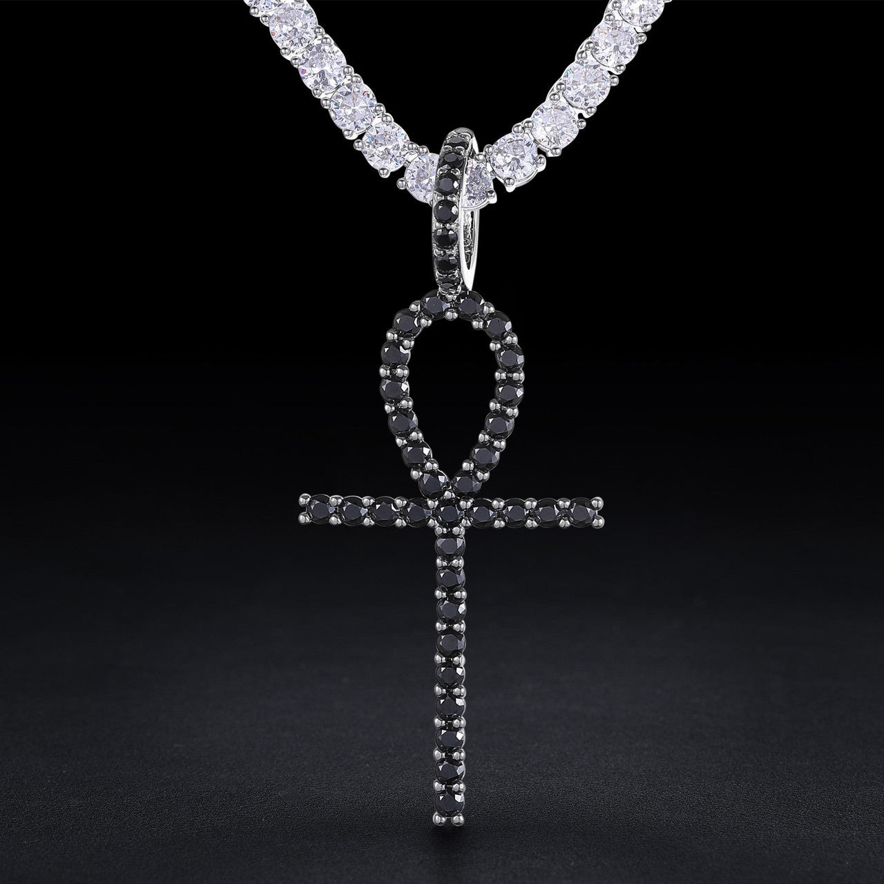 925 Sterling Silver Genuine VVS Black Diamond Hip Hop Ankh Cross Pendant Necklace