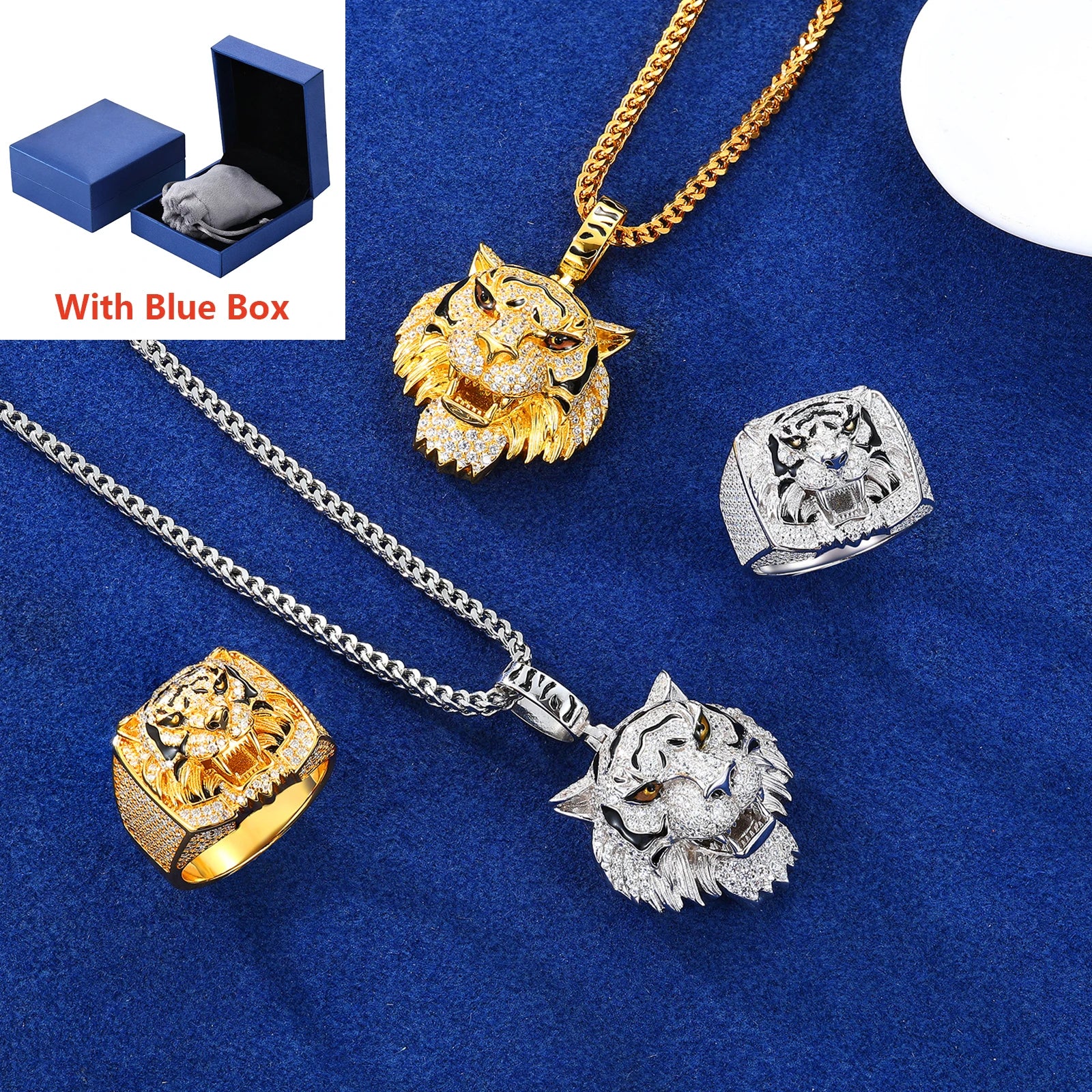 Tiger Pride Collection | 925 Sterling Silver Moissanite Diamond Tiger Pendant Ring Jewelry Set