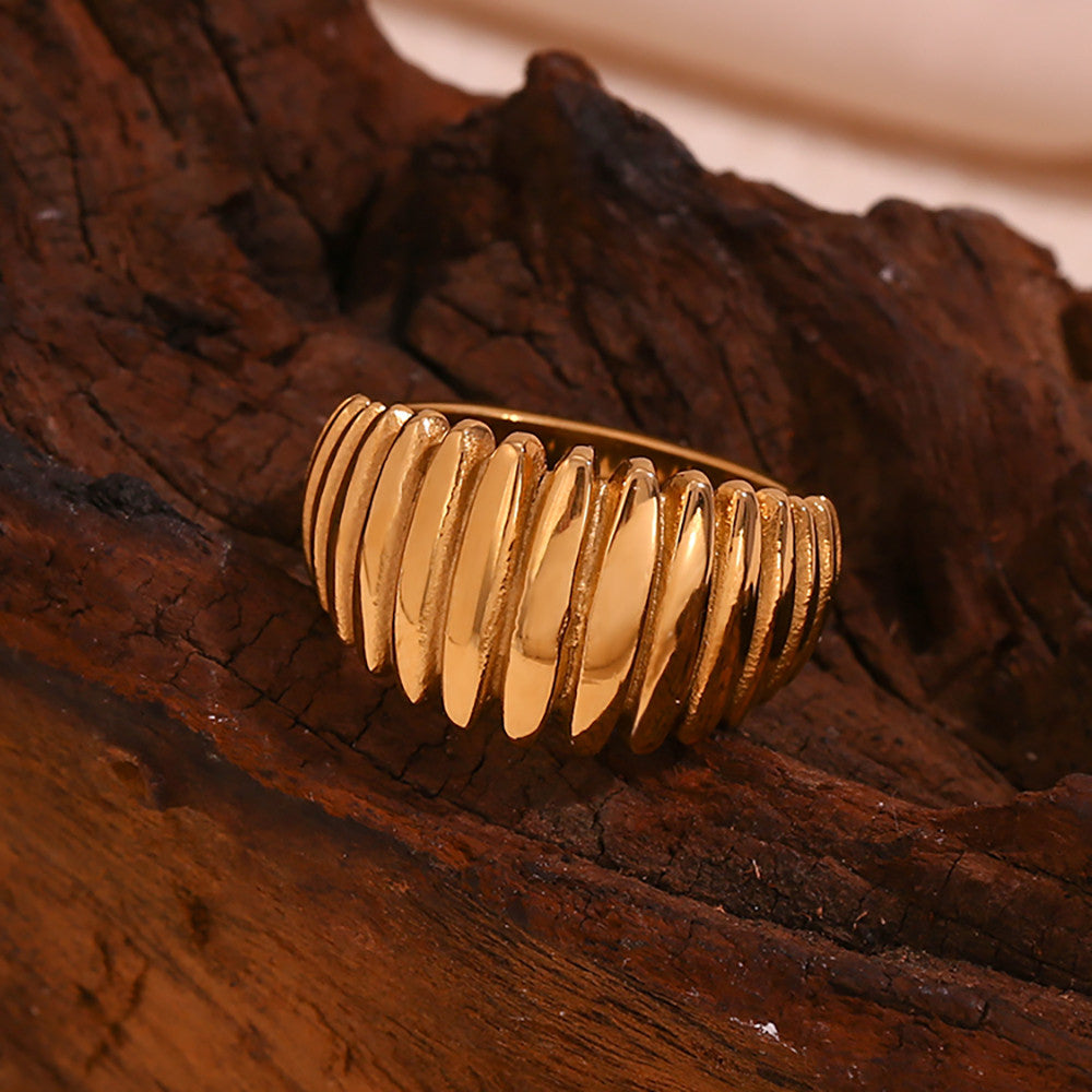 18k Gold Stainless Steel Fine Polished Textured Wide Dome Waterproof Rings For Women