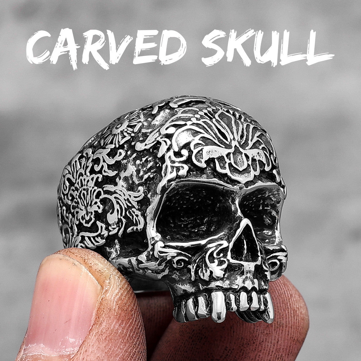 Mens Vintage Vampire 316L Stainless Steel Street Wear Carved Skull Rings