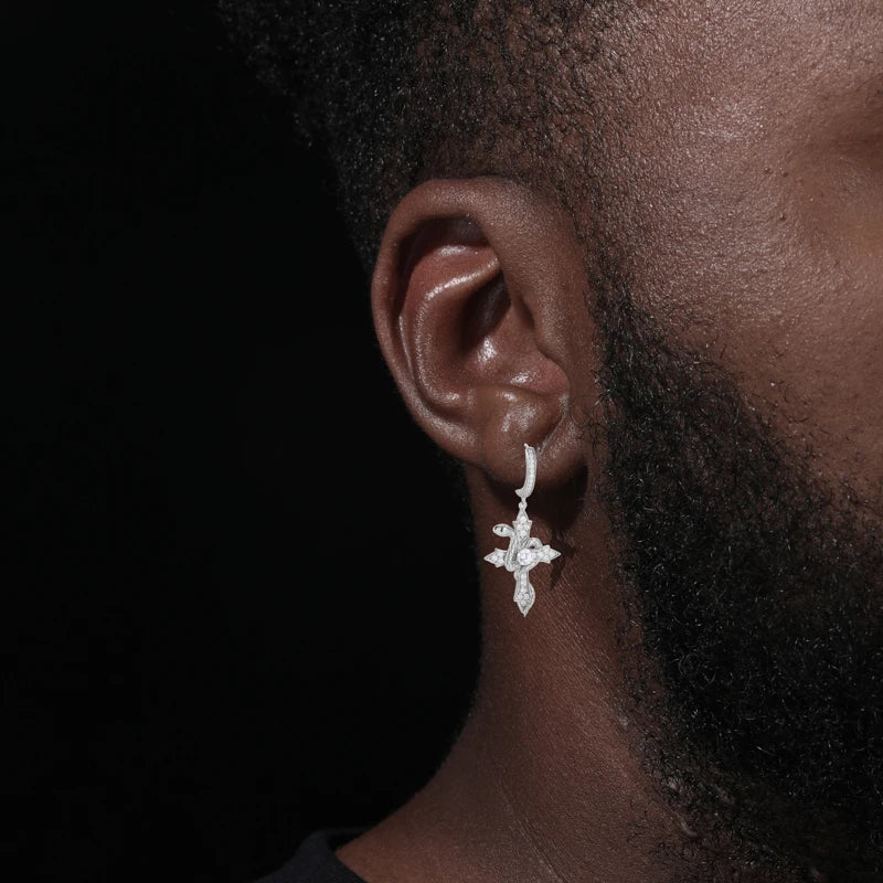 Serpent Arrow Cross | Iced Blinged Out Moissanite Diamond Huggie Dangle 925 Silver Earrings