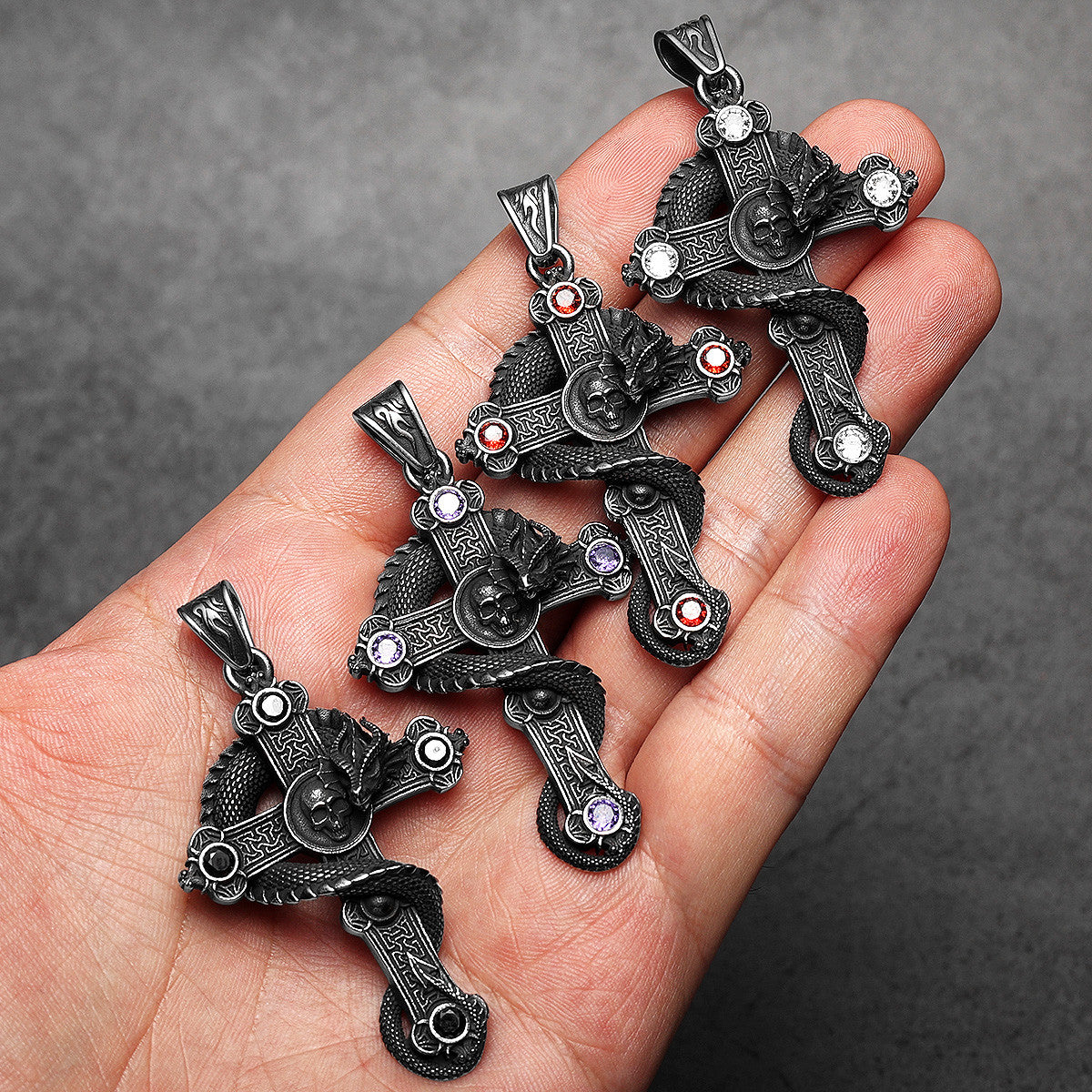 Skull Serpent Cross | 316L Shadow Skull No Fade Stainless Steel Gemstone Cross Pendant