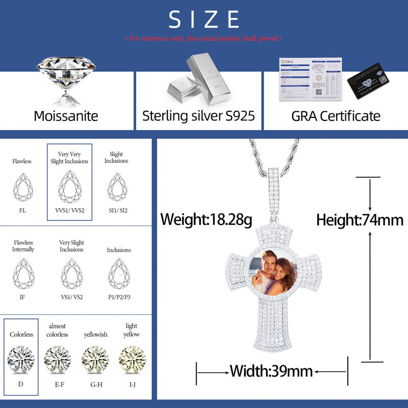 Memory Cross | Moissanite Diamond Solid 925 Silver Custom Photo Cross Iced Pendant
