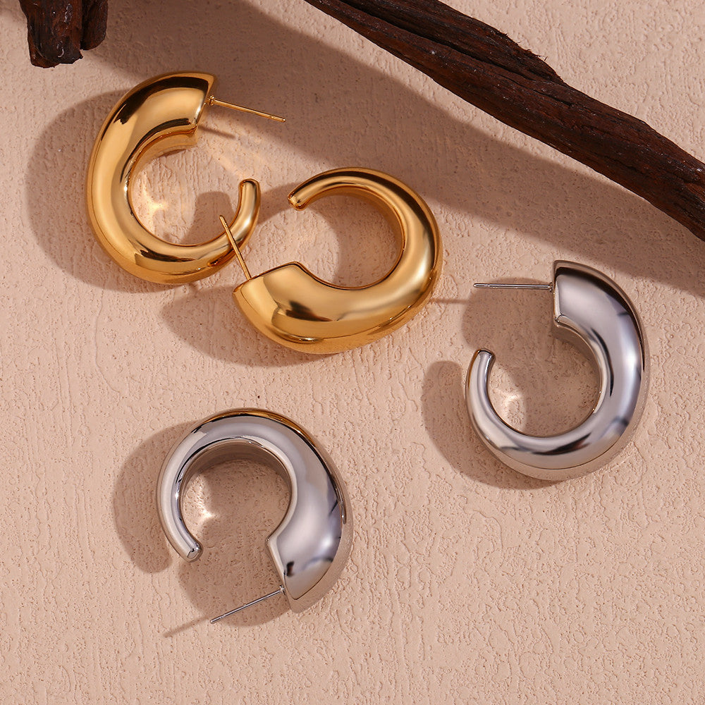 18k Gold Silver O-shaped Tapered Thread Hollow Hoop Waterproof Earrings