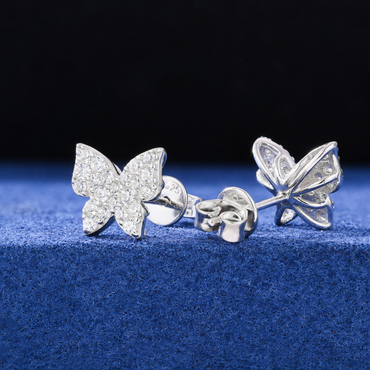 Sterling Silver Mini Butterfly Stud Moissanite Diamond Bling Earrings