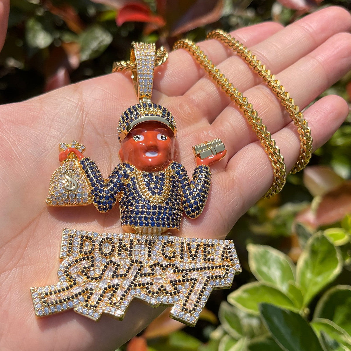 I Dont Give a Sh*t | Iced Blinged Out Money Bag Hip Hop Pendant Chain Necklace