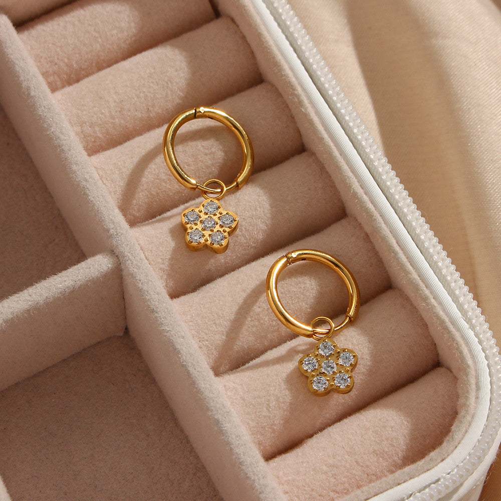 18k Gold Stainless Steel Waterproof Bling CZ Charm Cross Heart Butterfly Star Earrings