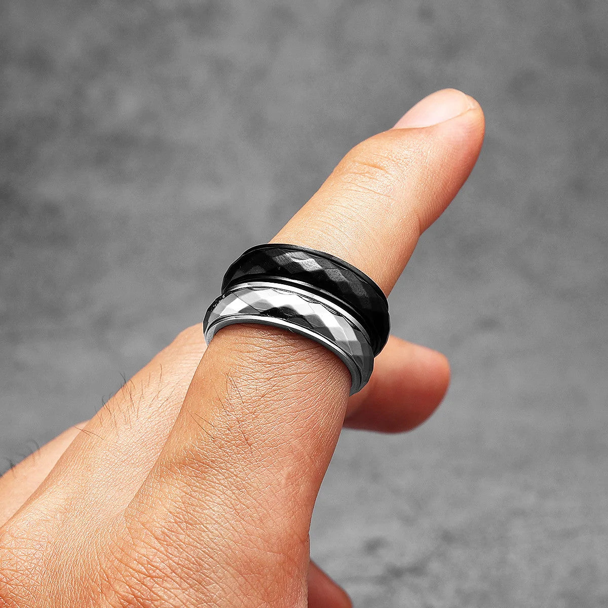 Geometric | Black Silver Solid Stainless Steel Rotating Classic Streetwear Rings