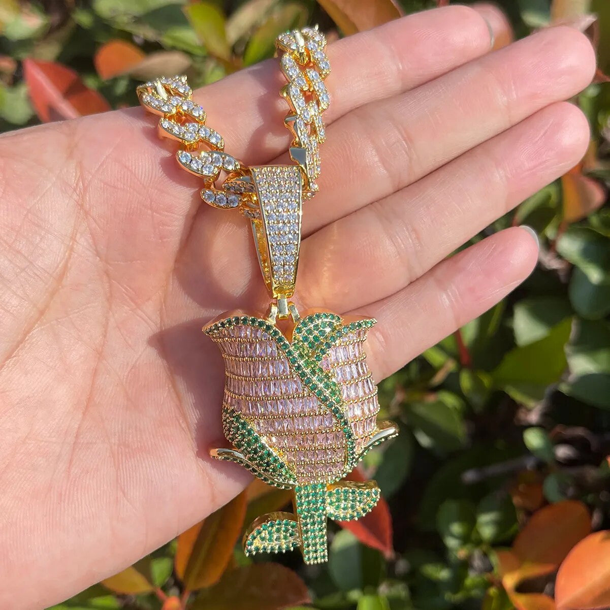 Beautifully Detailed Baguette & Round Stone Prong Set Rose Pendant Chain Necklace