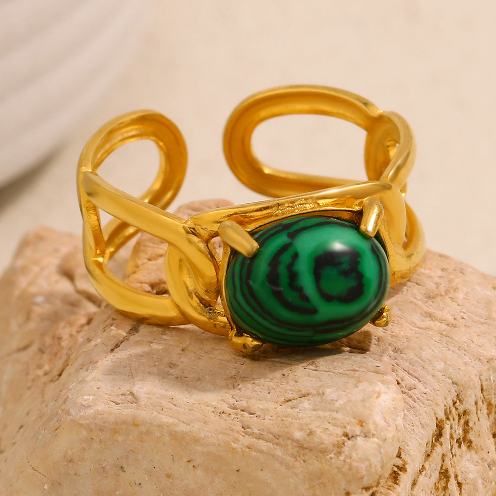 18k Gold Water Proof Fashion Natural Malachite Stone Stainless Steel Hypoallergenic Rings