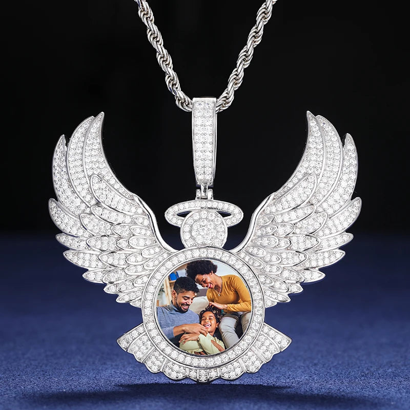 Angel Of Protection | 925 Moissanite Diamond Angel Wings Protection Custom Photo Pendant