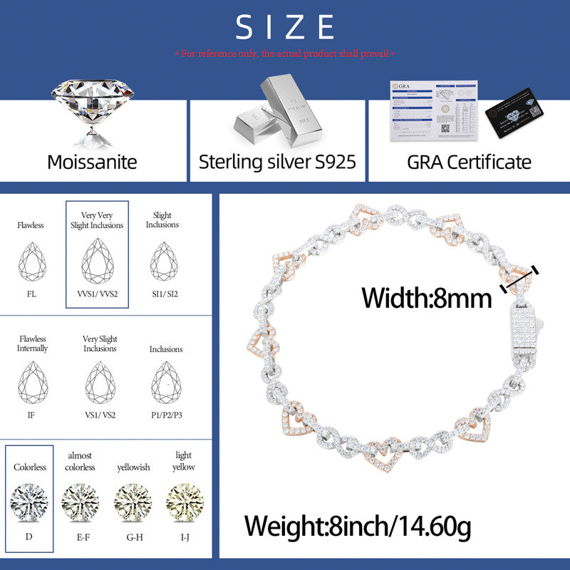 Infinity Heart | Moissanite Diamond Solid Sterling Silver Exquisite 8mm Full Iced Bracelet