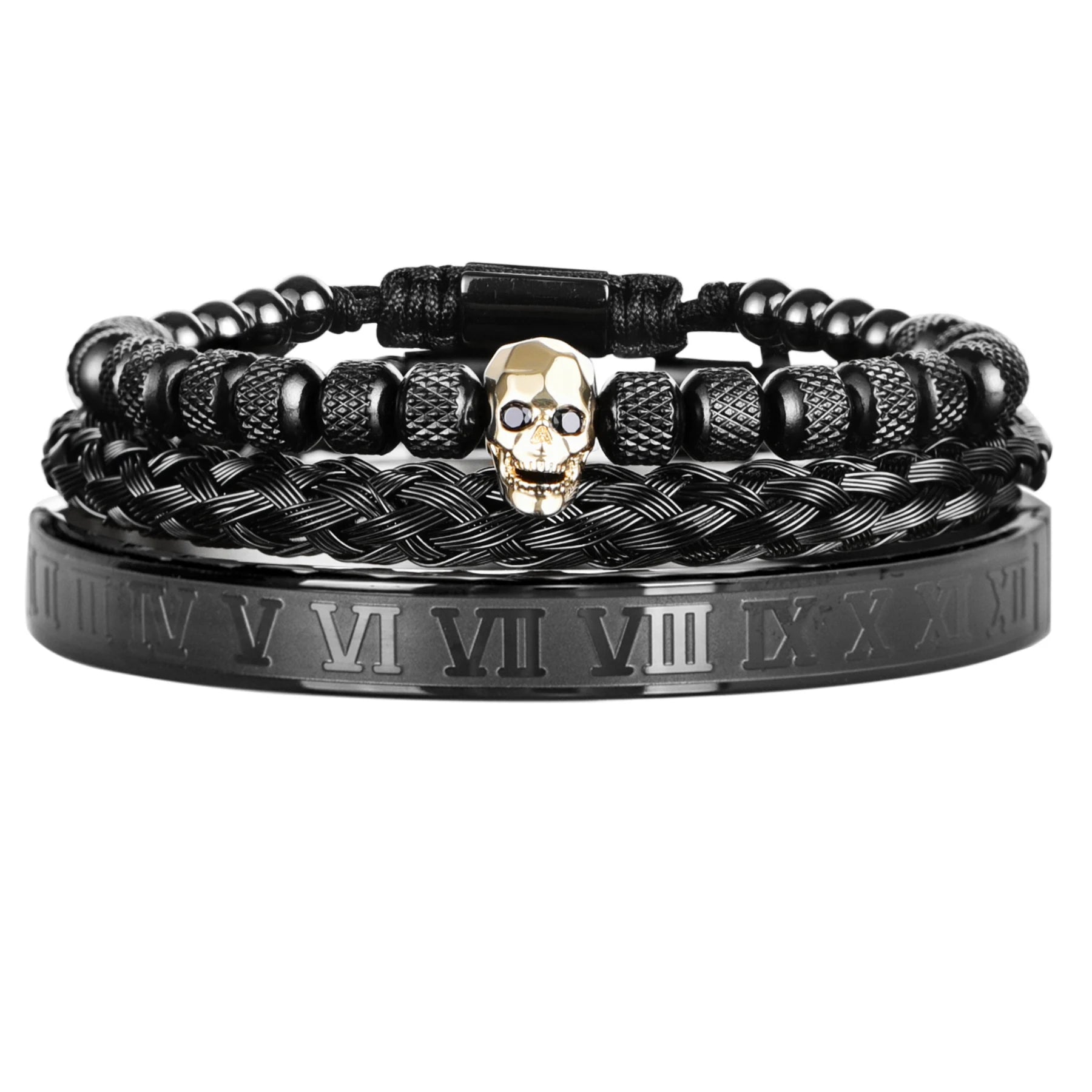 Secret Society | Luxury 3 Piece Stainless Steel Skull Roman Numerals Bracelet Set