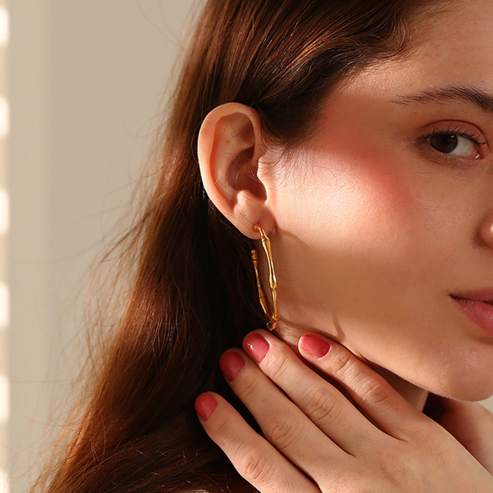 18k Gold Thin Bamboo Large Gold Big Hoop Waterproof Stainless Steel Hip Hop Earrings