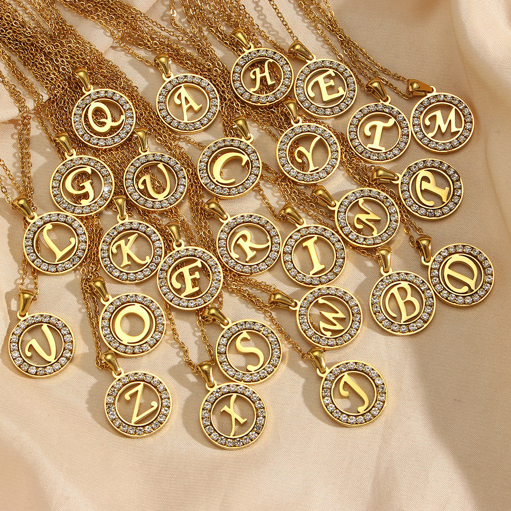 18k Gold Waterproof Hollow Round CZ Paved 26 Alphabet Initial Necklace