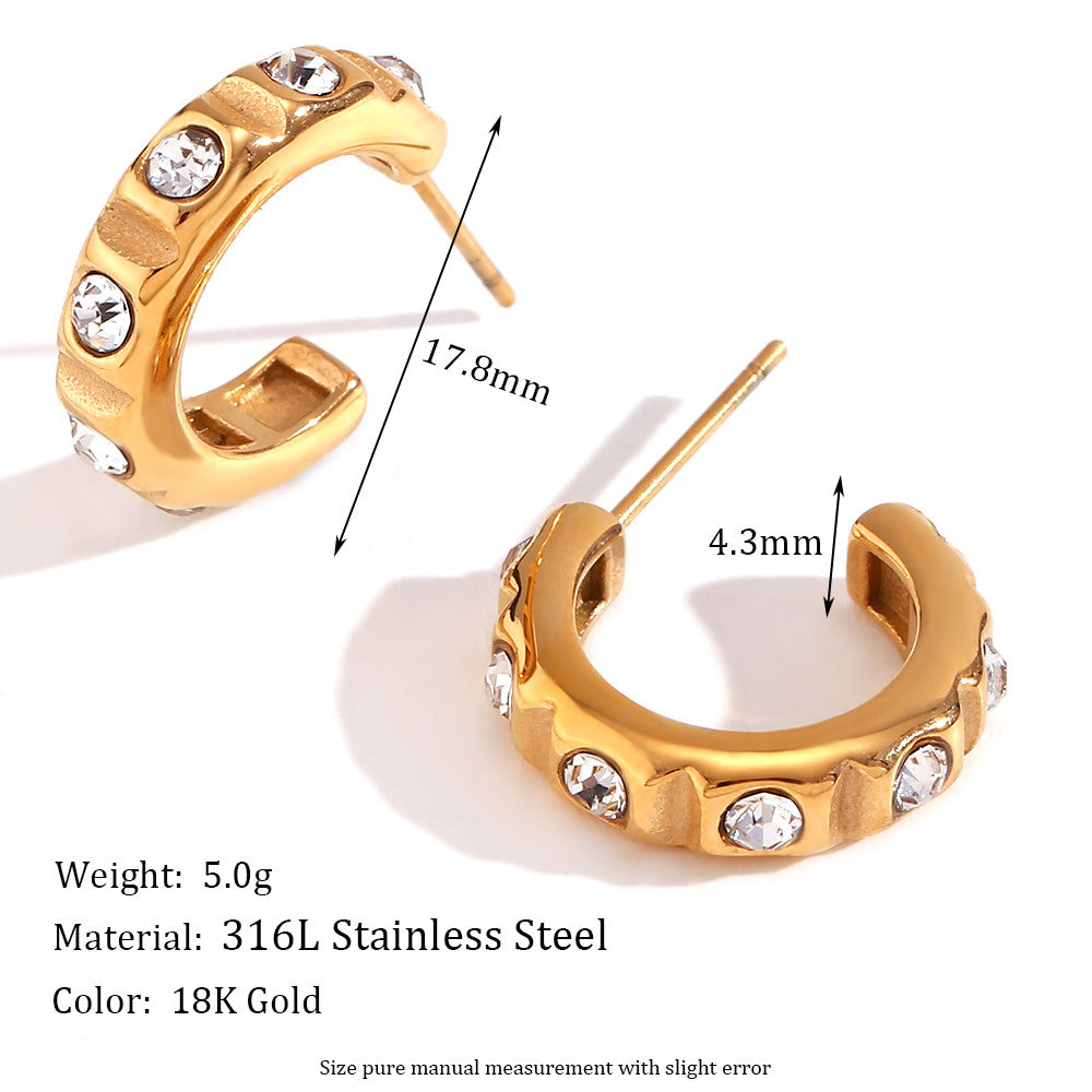 18k Gold Over Solid Stainless Steel Hammered Pattern Hollow Oval Zircon Heart Earrings