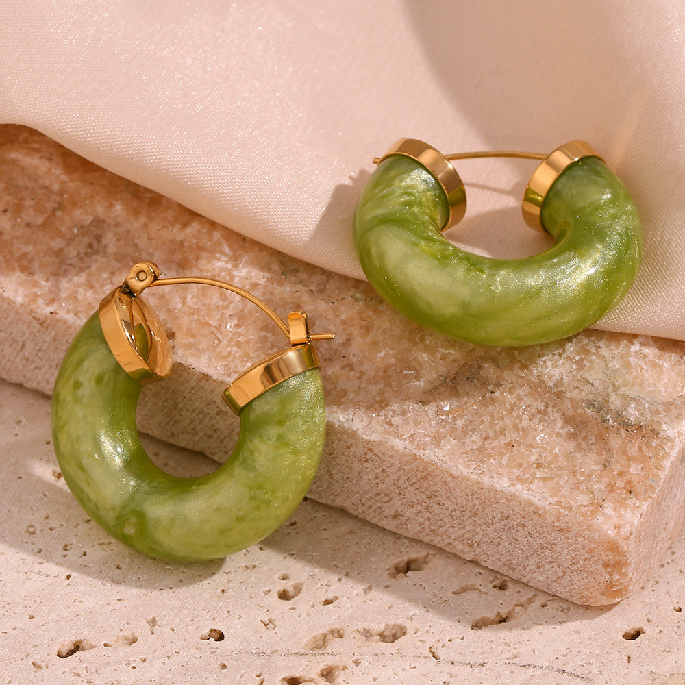 Ladies Acrylic Green Pink White Chunky 18k Gold Stainless Steel Acrylic Hoop Earrings