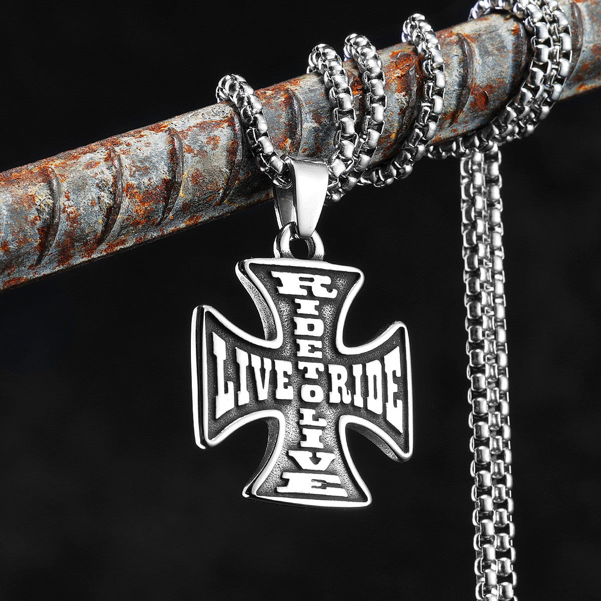 Live To Ride | 316L No Fade Stainless Steel Biker Life Cross Pendant