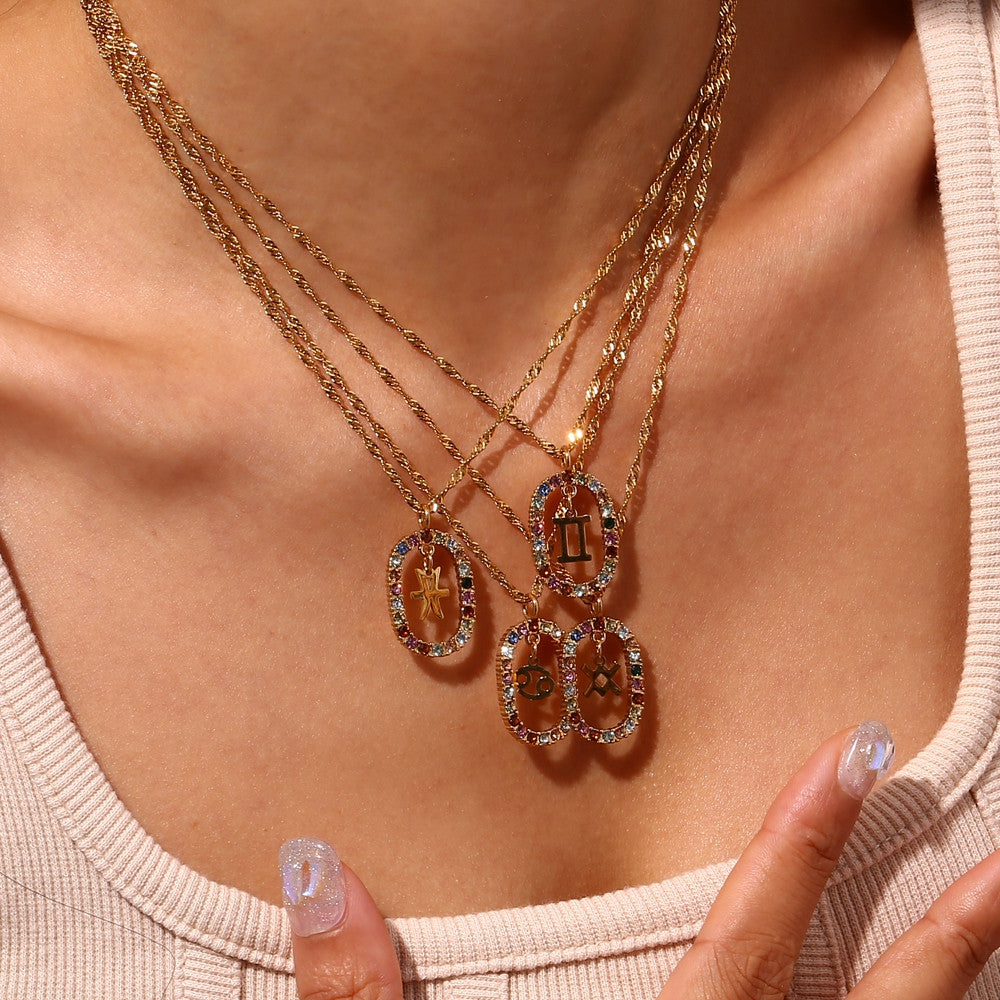 18k Gold Stainless Steel Colorful CZ Hollow Oval Zodiac Sign Pendant Necklaces