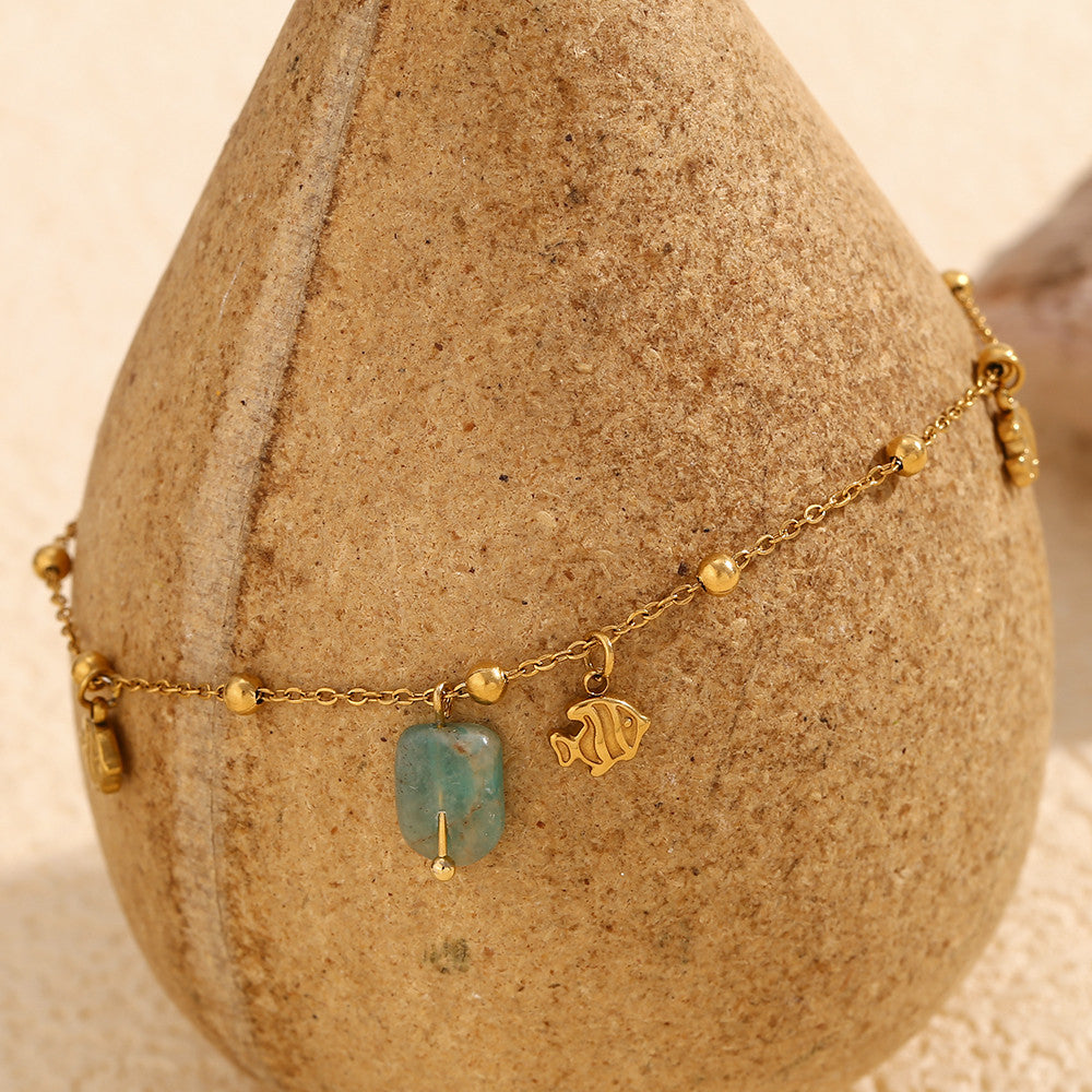 18k Gold Waterproof Cute Clown Fish Natural Amazonite Stone Anklets Ankle Bracelet