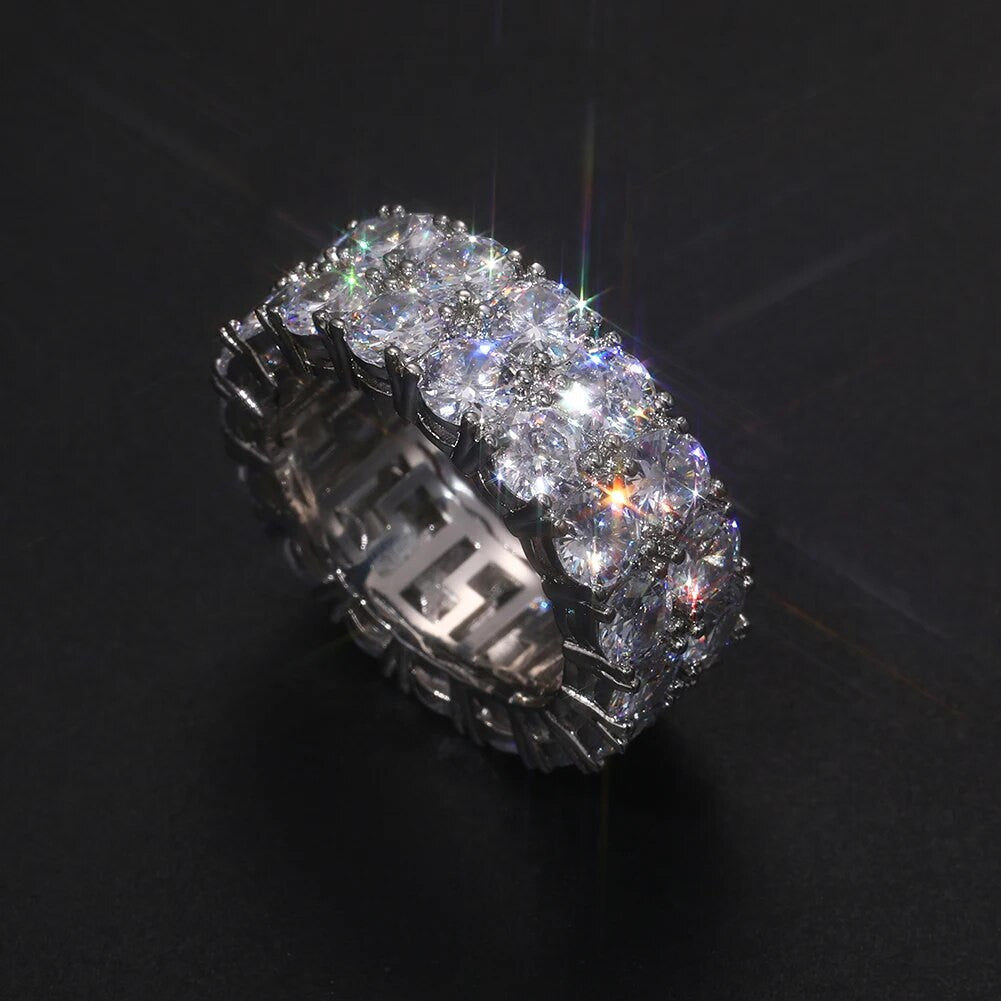 Mens Double Row Solid 925 Sterling Silver VVS Diamond Hip Hop Rings