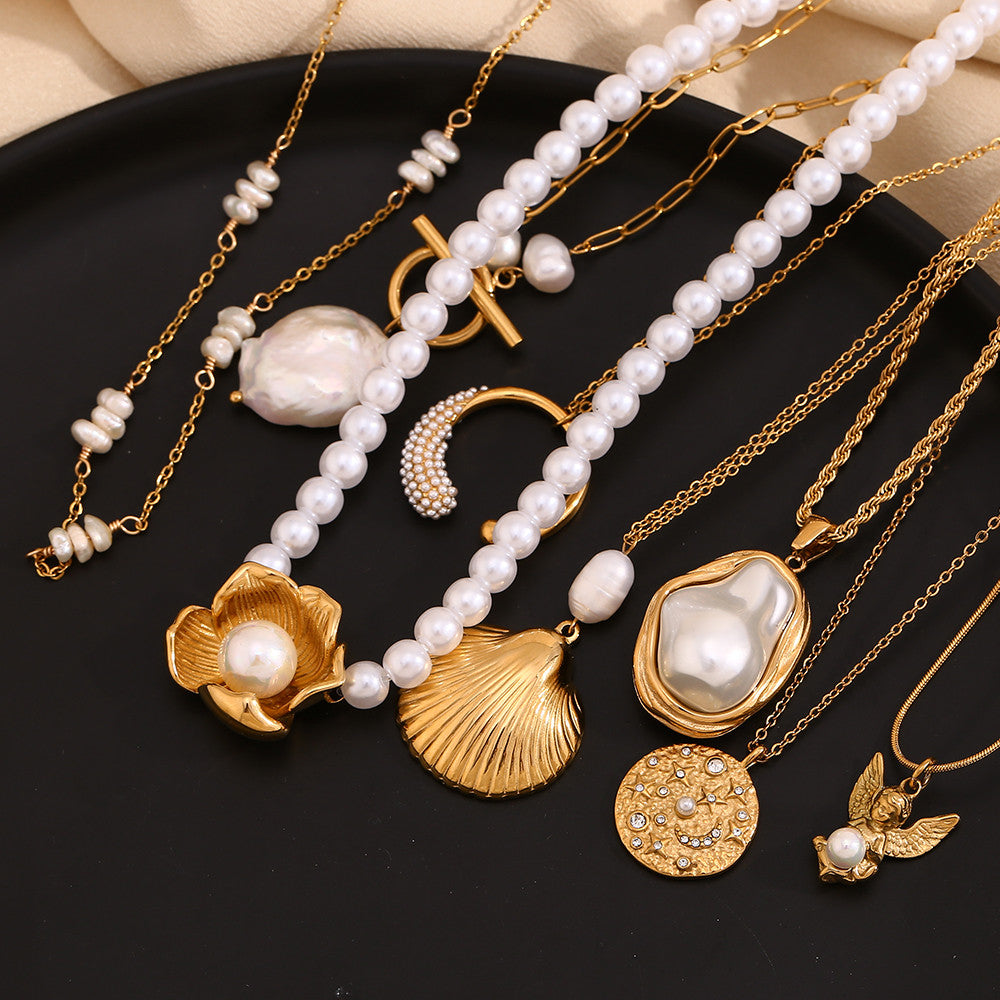 Women's 18k Gold Stainless Steel Waterproof Imitation Pearl Irregular Series Necklace