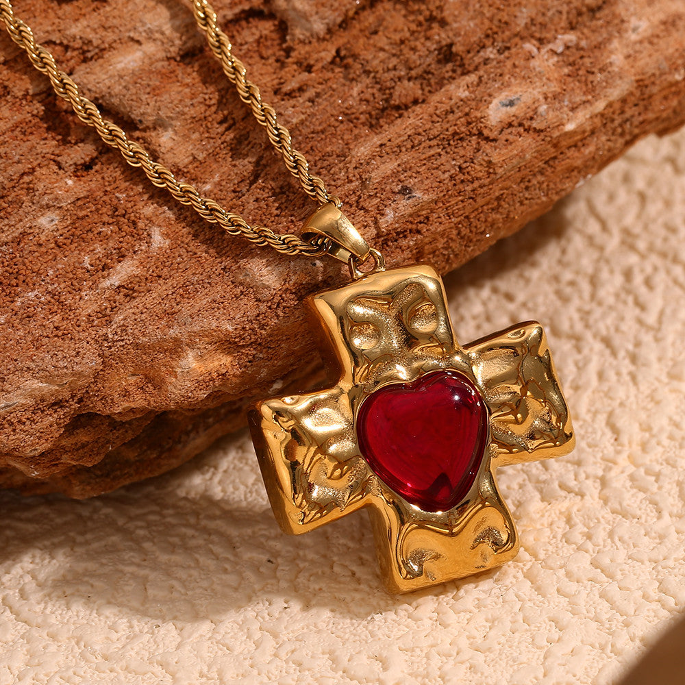 18k Gold Stainless Steel Hammered Pattern Heart Cross Agate Stone Pendant Necklace