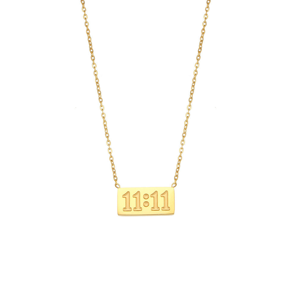 Ladies 18k Gold Stainless Steel Angel Numbers 11:11 Rectangle Pendant Plate Necklace