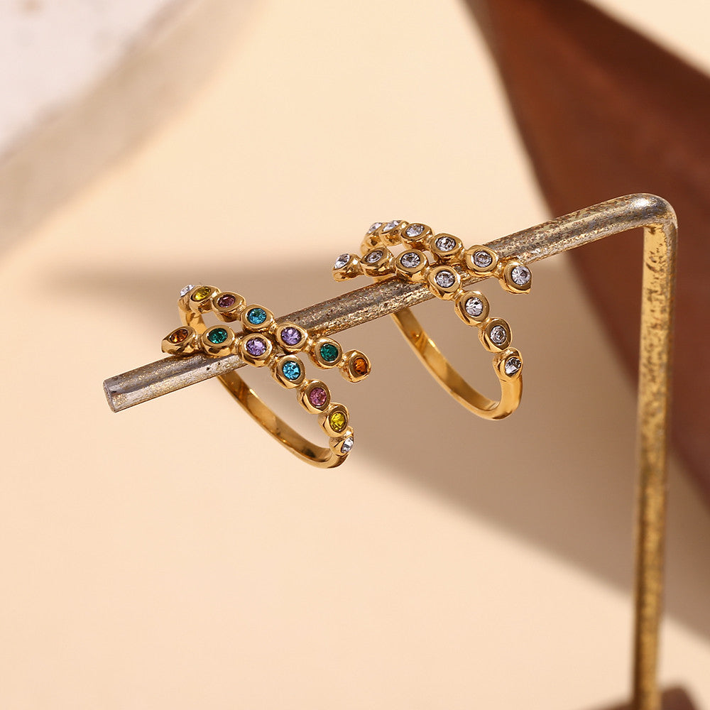 Ladies 18k Gold Waterproof Stainless Steel Cross Opening CZ Rings