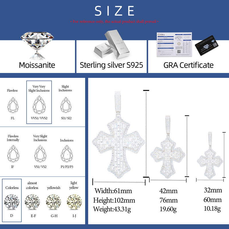 Cross Shield | Solid 925 Sterling Silver Moissanite Diamond Baguette Hip Hop Pendant