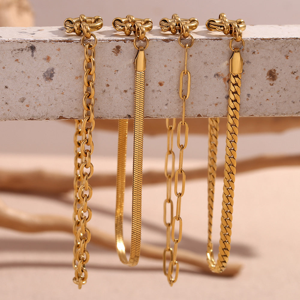 Solid Stainless Steel 18k Gold No Fade Slingshot Buckle Paper Clip Chain Bracelet