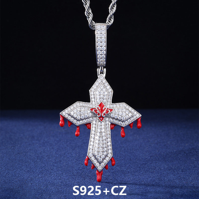 Blood Ties | Solid 925 Sterling Silver Moissanite Diamond Hip Hop Blood Drip Cross Pendant