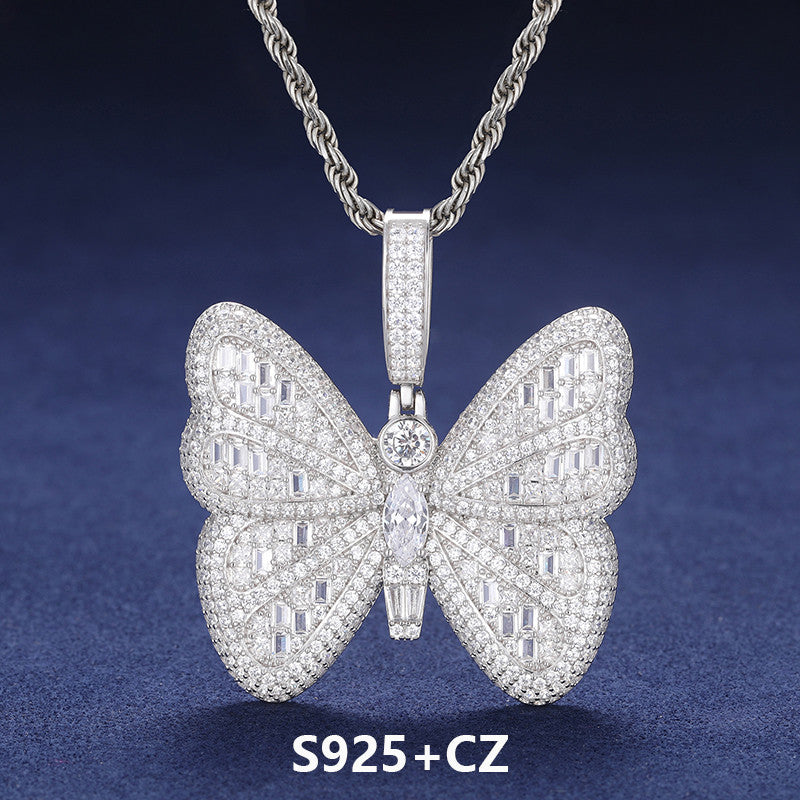 Iced Blinged Out Moissanite Diamond Sterling Silver Butterfly Hip Hop Pendant Necklaces