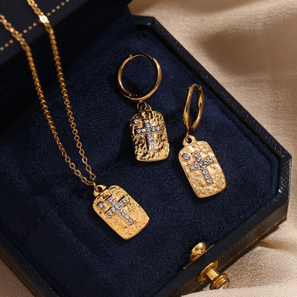 Women's CZ Cross Hammered Pattern Square Plate 18k Gold Waterproof Necklace