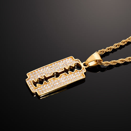 No Fade Stainless Steel Hip Hop Iced Razor Blade Pendant Chain Necklace