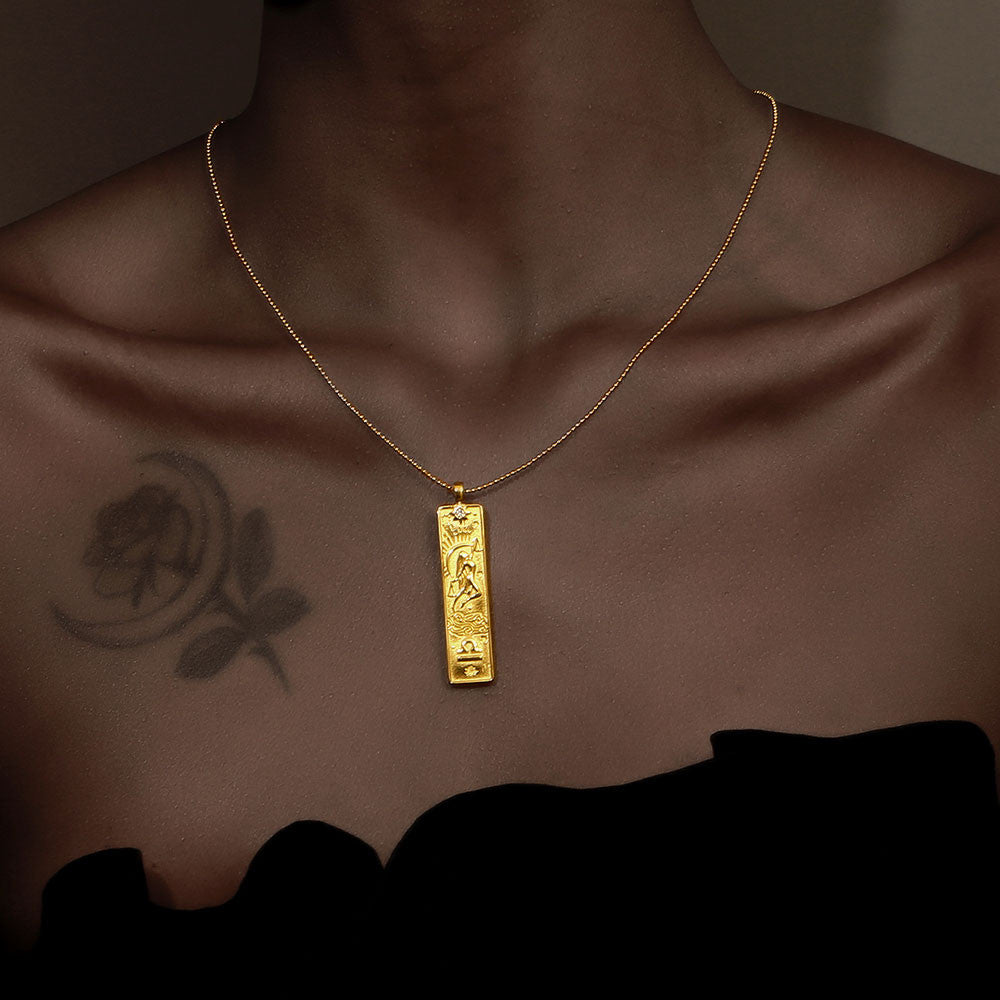 Ladies 18k Gold Waterproof Stainless Steel Rectangle Shape 12 Constellation Pendant Necklace