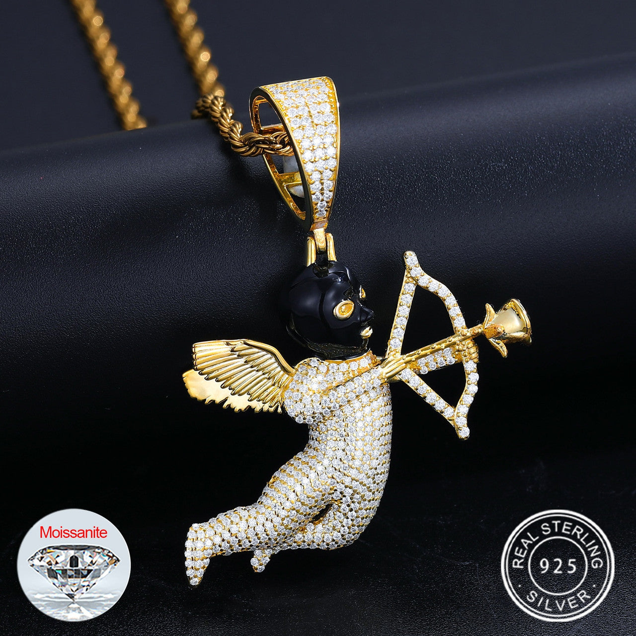 Solid 925 Silver Masked Love Cupid Genuine VVS Diamond Hip Hop Pendant Chain