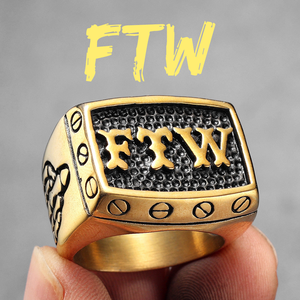 FTW | 14k Gold Black Over No Fade Stainless Steel Middle Finger Hip Hop Rings