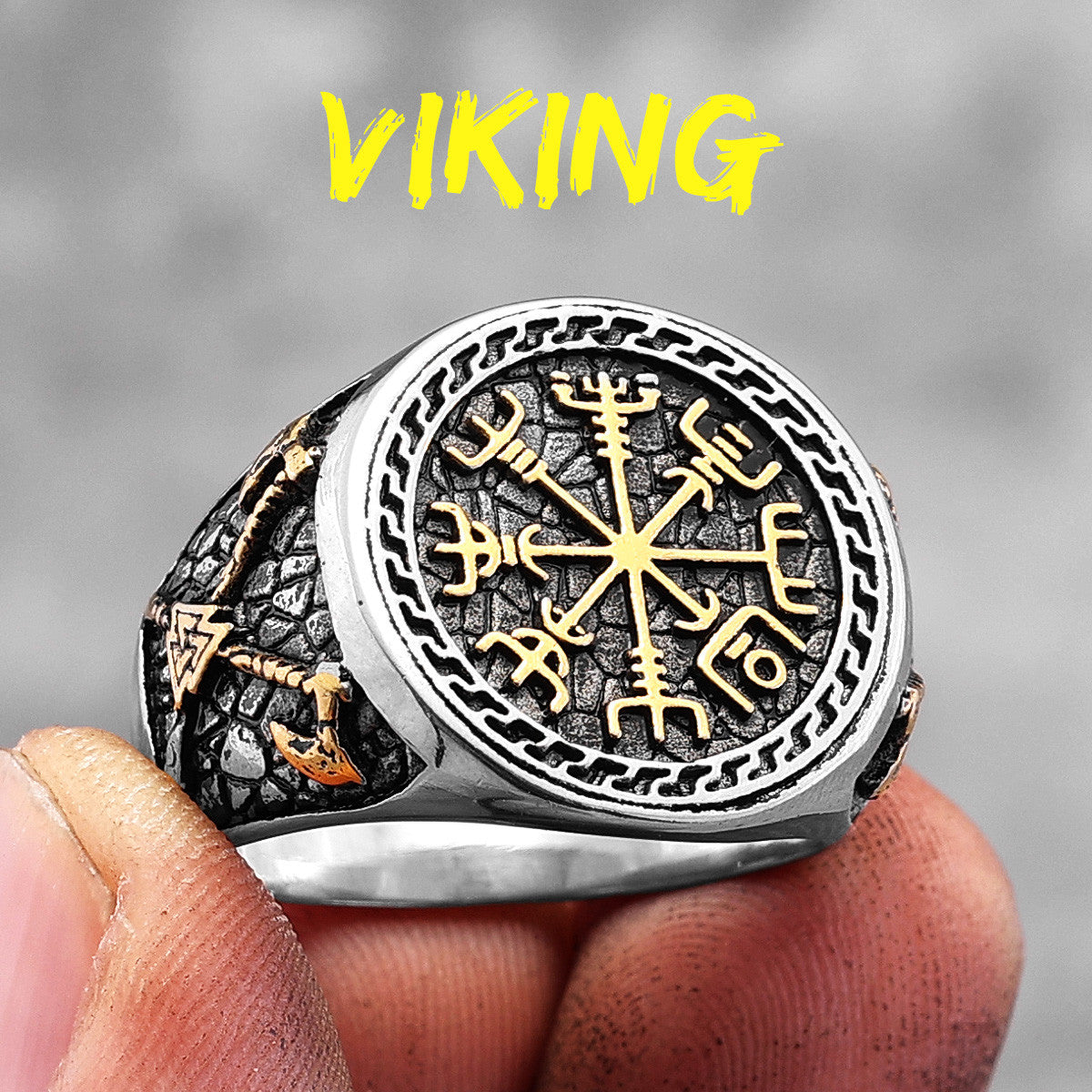 Mens No Fade Stainless Steel Viking Pirate Ax Stainless Steel Gold Accented Rings