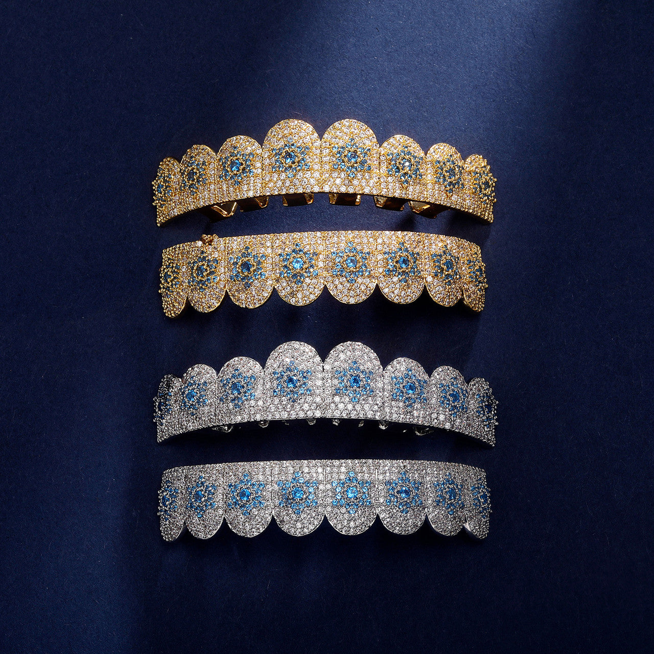 Six Star | VVS Diamond CZ Hip Hop Blue Stone Hip Hop Mouth Teeth Grillz Caps Set