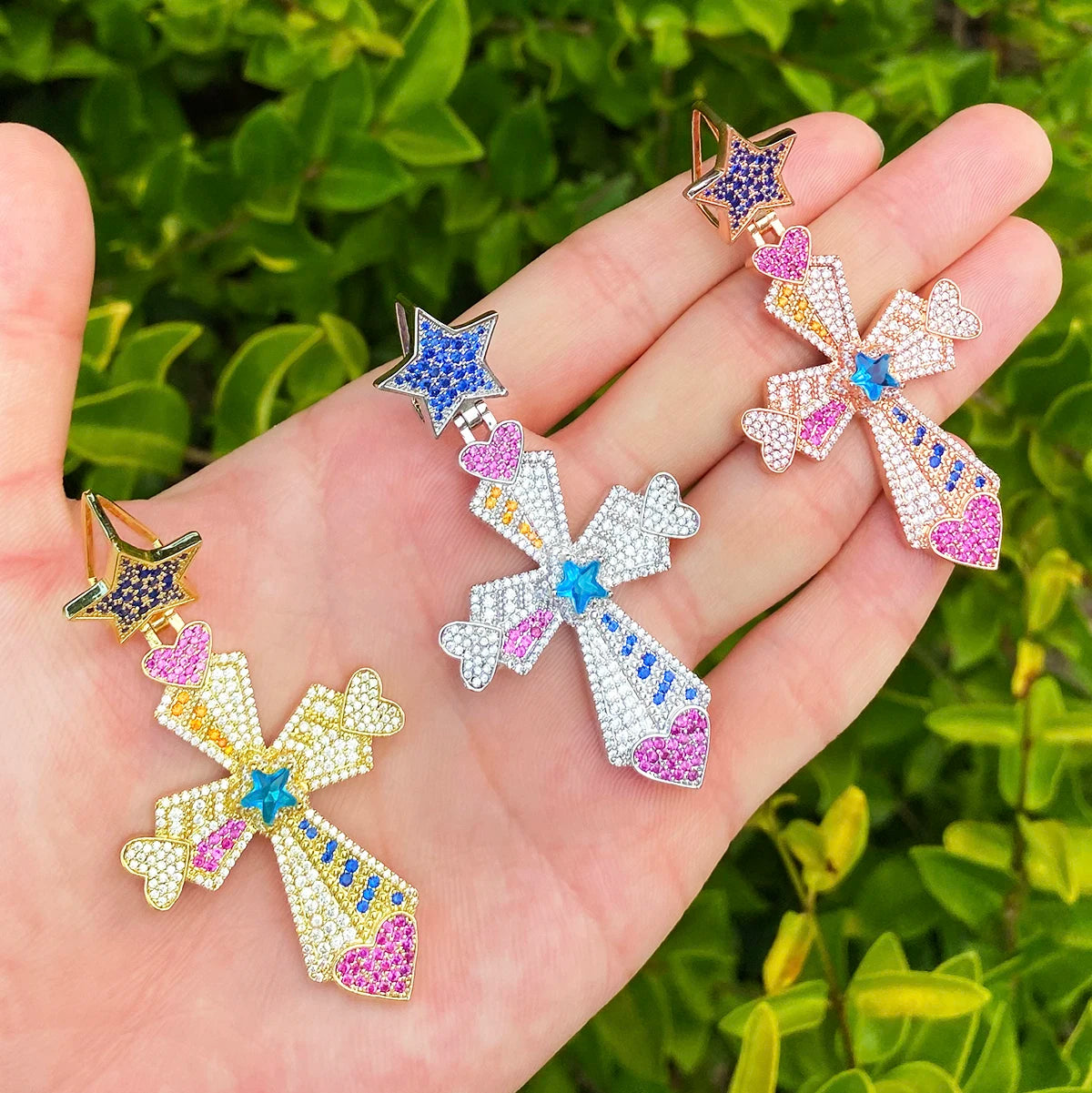 North Star | 5AA+ VVS Diamond CZ North Star Bail Colorful Iced Hip Hop Cross Pendant