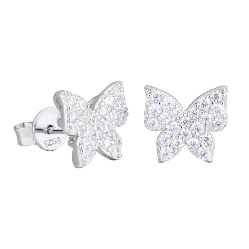 Sterling Silver Mini Butterfly Stud Moissanite Diamond Bling Earrings
