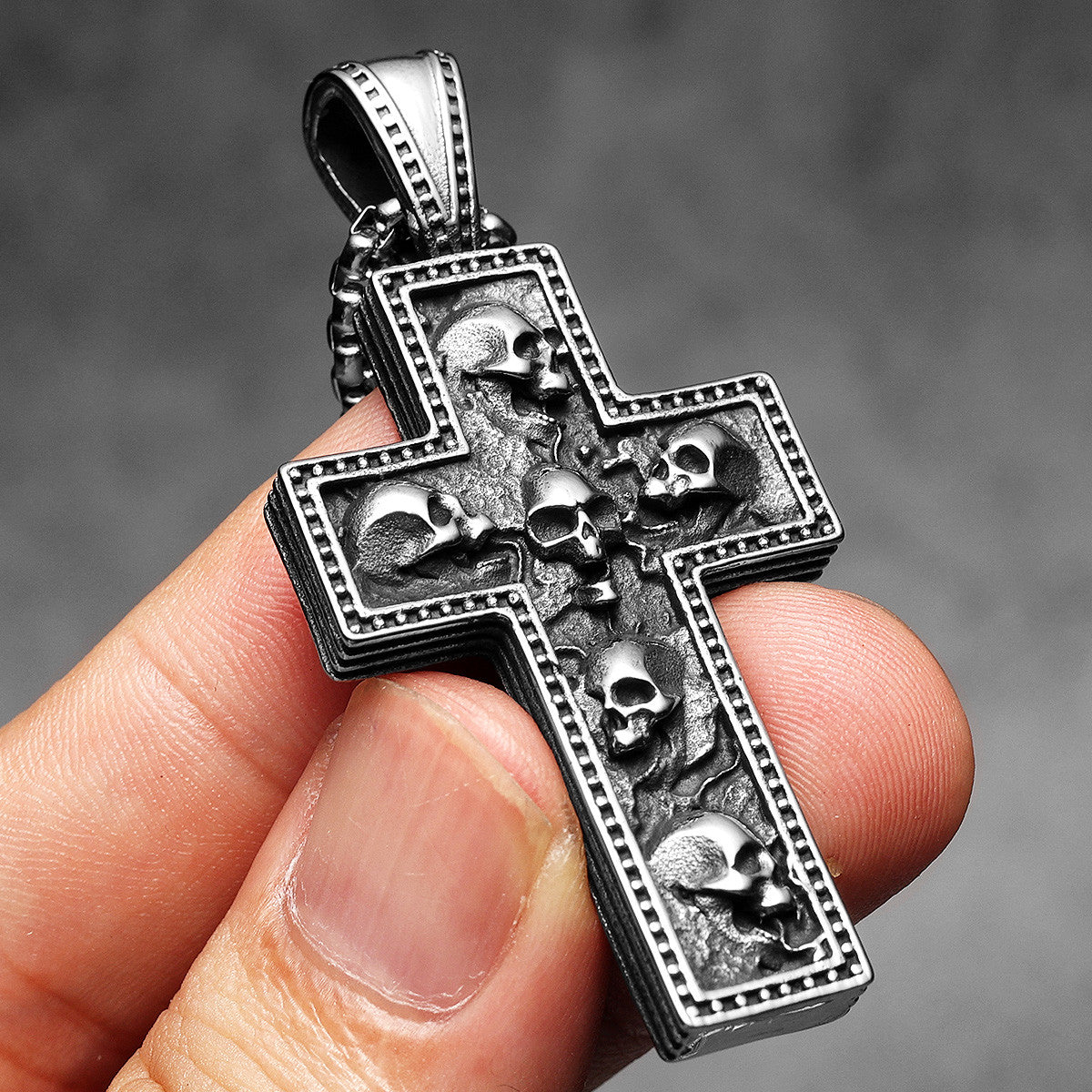 Skull Textured Cross | 316L No Fade Stainless Steel Embedded Skulls Hip Hop Pendant