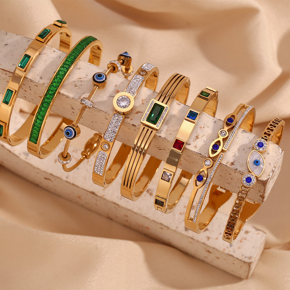 Ladies Waterproof 18k Gold Stainless Steel Shell Demon Eye Blue Eyes Hollow CZ Bracelets