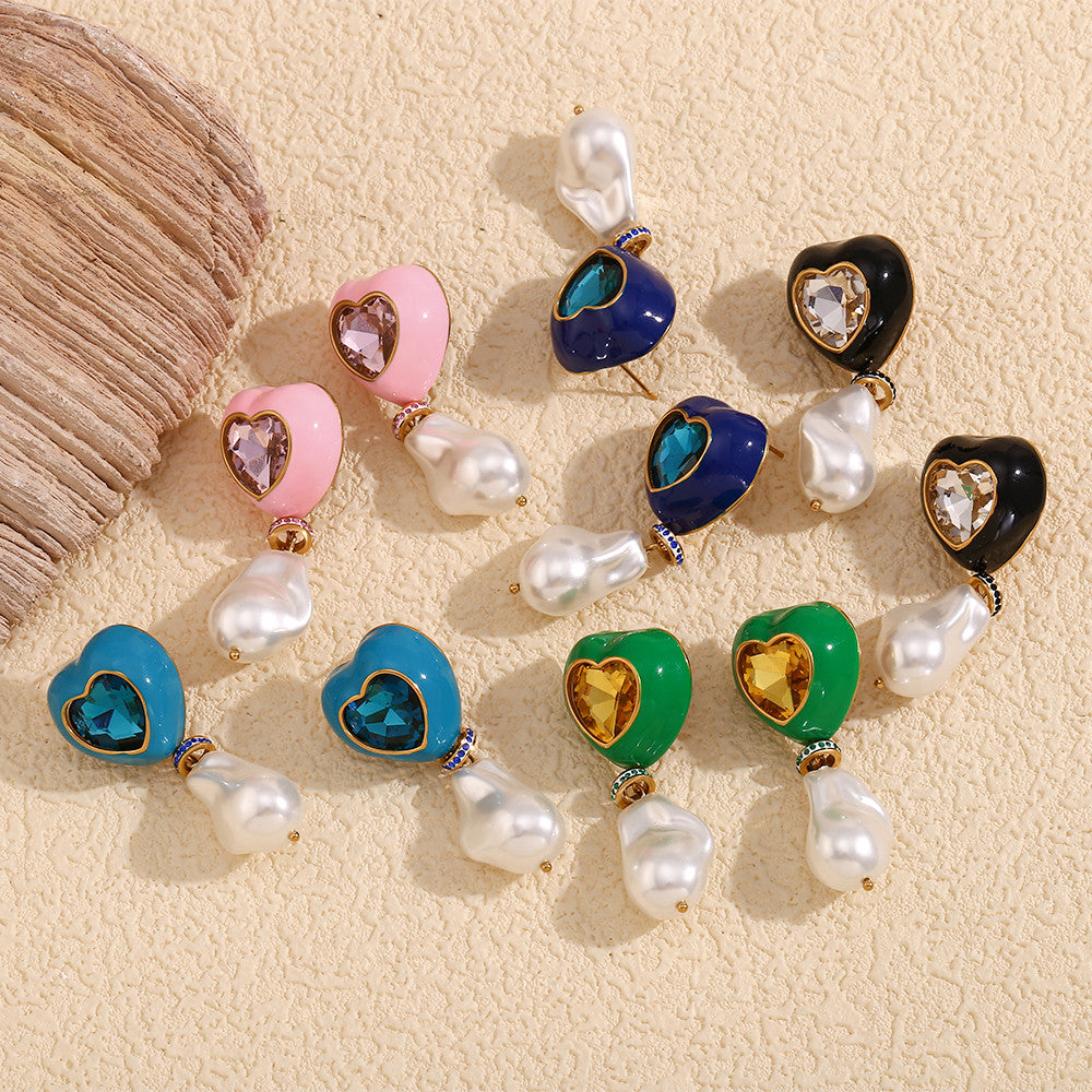 Women's 18k Gold Stainless Steel Baroque Style Imitation Pearl Colorful Drip Oil Earrings